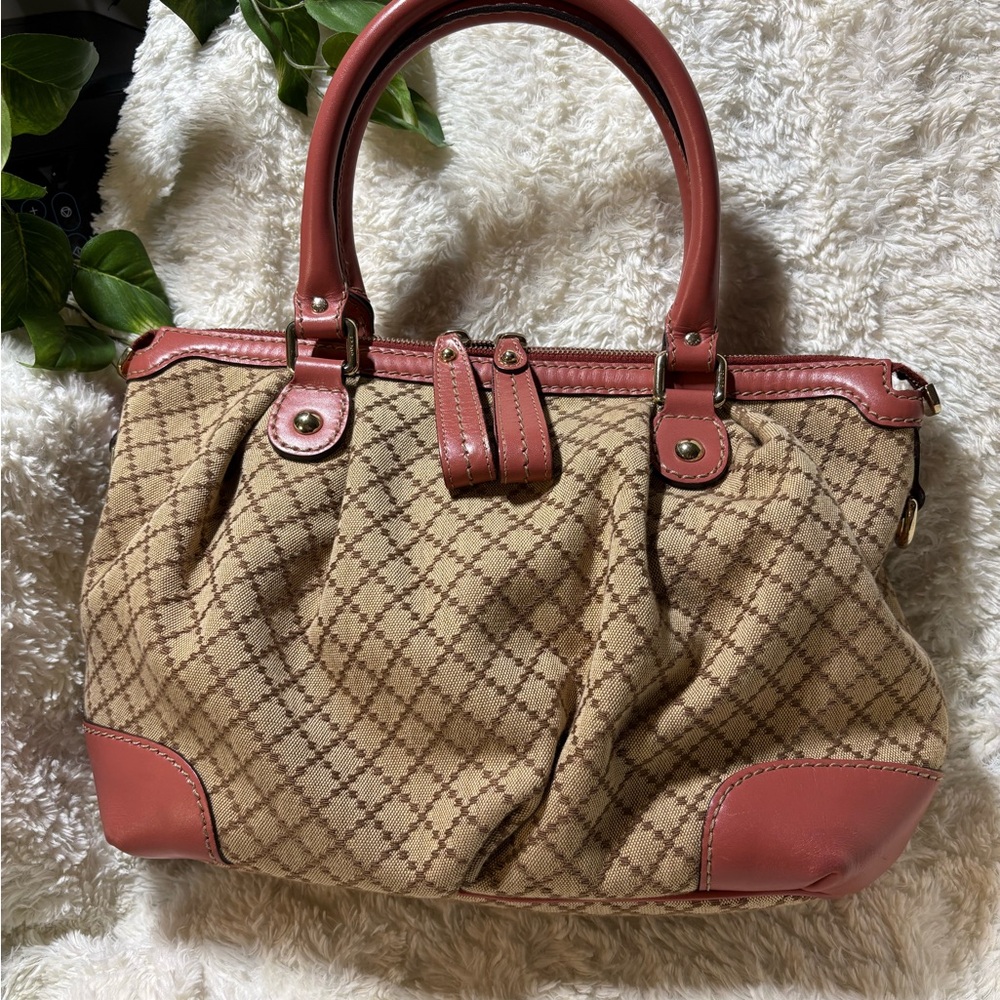 Gucci Beige Monogram Satchel with Pink-Brown Trim - Picture 2 of 15